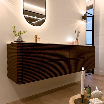 Mondiaz CIRO-DLUX meuble de salle de bains - 180x45x50cm - plan-vasque solid surface Ostra - 1 vasque à gauche - 1 trou de robinet - 4 tiroirs - Noyer