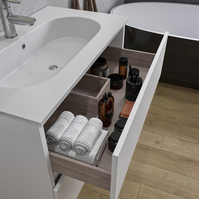 Adema Chaci Meuble salle de bain - 80x46x55cm - 1 vasque en céramique blanche- 1 trou de robinet - 2 tiroirs - miroir rond avec éclairage - blanc mat