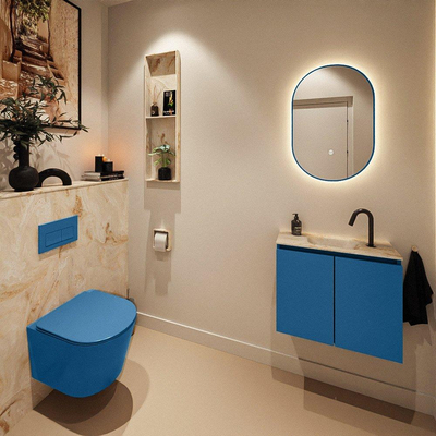 MONDIAZ TURE-DLUX Meuble toilette - 60cm - Jeans - EDEN - vasque Frappe - position centrale - 1 trou de robinet