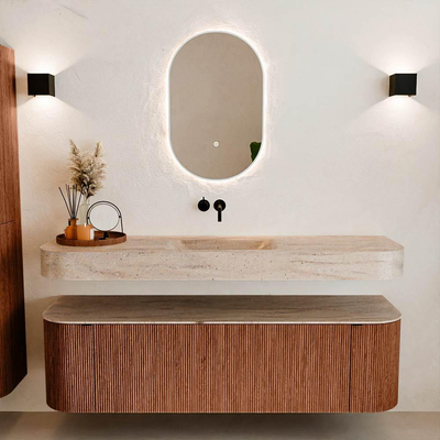 MONDIAZ THOR-DLUX 160cm meuble de salle de bains arrondi gauche + droite couleur Ruby avec 1 tiroir et 2 portes. Vasque suspendue CLOUD Milieu sans trou de robinet couleur Saba.