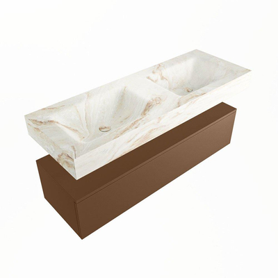 Mondiaz ALAN-DLUX Ensemble de meuble - 130cm - meuble Rust mat - 1 tiroir - Lavabo Cloud Frappe suspendu - vasque Gauche et droite - 2 trous de robinet