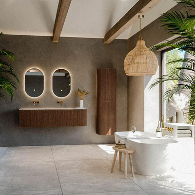 MONDIAZ KURVE Meuble de salle de bains 155 cm avec module 25 R couleur Walnut avec 2 tiroirs et 1 porte. Lavabo CLOUD double / gauche sans trou de robinet Talc.