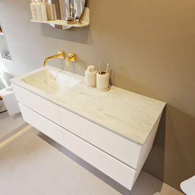 Mondiaz VICA-DLUX ensemble de meuble de salle de bain - 130cm - meuble sous lavabo talc - 4 tiroirs - lavabo encastré cloud gauche - sans trous de robinet - version haute de 60cm - opalo