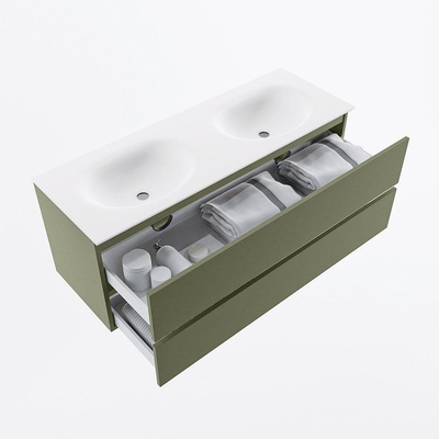Mondiaz VICA Ensemble meuble de salle de bains - 130cm - army - 2 tiroirs - Lavabo MOON - double sans trou de robinet - couleur talc - version XL 60cm de haut