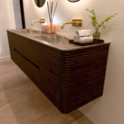 Mondiaz CIRO-DLUX Badkamermeubelset - 170x45x50cm - Solid surface wastafel Sombra - 2 wasbak Dubbel - zonder kraangaten - 4 lades - Walnut
