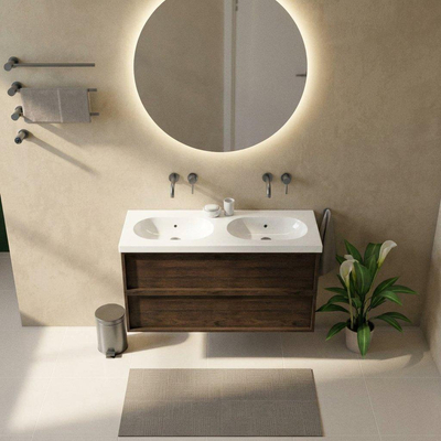 Saniclass Holz Frame Ensemble meuble de salle de bains - 120x45x63.5cm - lavabo en céramique Palermo blanc - 2 vasques - sans trous de robinetterie - 2 tiroirs - chêne charcoal mat (bois)