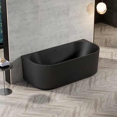 FugaFlow Eccelente Baignoire demi îlot - 170x80x58cm - rainuré - avec vidange - noir mat