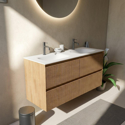 Saniclass Holz Atelier Ensemble meuble de salle de bains - 120x45x61.5cm - Flow lavabo en solid surface blanc - 2 vasques - 2 trous de robinetterie - 2 tiroirs - chêne natural mat (bois)