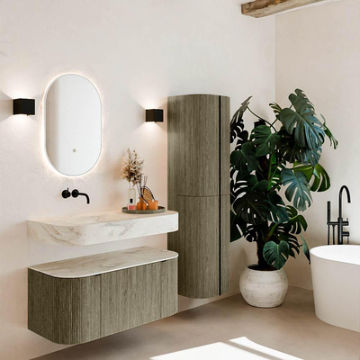 MONDIAZ THOR-DLUX 100cm meuble de salle de bains arrondi gauche + droite couleur Shadow avec 1 tiroir et 2 portes. Vasque suspendue CLOUD Gauche sans trou de robinet couleur Ostra.