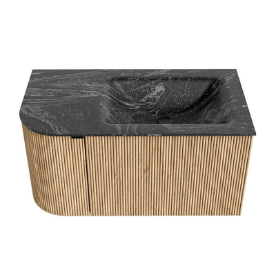 MONDIAZ KURVE-DLUX Meuble de salle de bains 85 cm avec module 25 L couleur chêne avec 1 tiroir et 1 porte. Lavabo CLOUD à droite sans trou de robinet couleur lave.