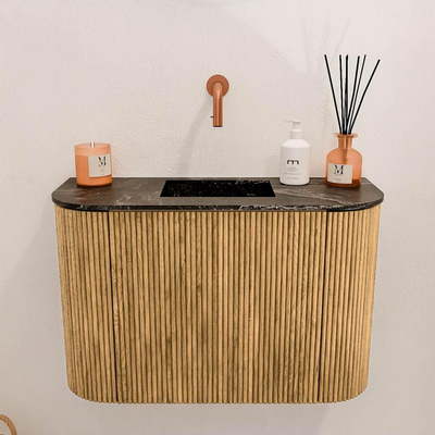 Mondiaz JOYA-DLUX 63.2cm meuble de toilette - arrondi gauche et droite couleur Chêne - Vasque FAYE position Milieu Sans trou de robinet couleur Lava.