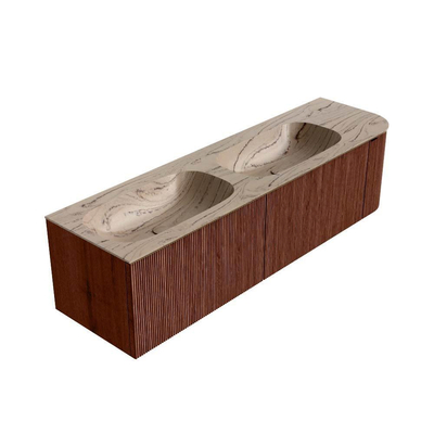 MONDIAZ KURVE-DLUX Meuble de salle de bains 165cm arrondi à droite couleur Ruby avec 2 tiroirs et 1 porte. Lavabo STOR SMALL Double / Gauche 2 trous de robinet Arena.