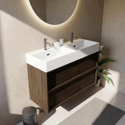 Saniclass Holz Frame Ensemble meuble de salle de bains - 120x45x72cm - Legend lavabo en céramique blanc - 2 vasques - 2 trous de robinetterie - 2 tiroirs - chêne charcoal mat (bois)