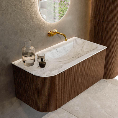 MONDIAZ KURVE-DLUX 95cm badmeubel met module 25 L kleur Walnut met 1 lade en 1 deur. Wastafel BIG SMALL rechts zonder kraangat kleur Glace.