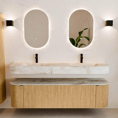 MONDIAZ THOR-DLUX 170cm meuble de salle de bains arrondi gauche + droite couleur Chêne avec 1 tiroir et 2 portes. Vasque suspendue CLOUD Double 2 trous de robinet couleur Frappe.