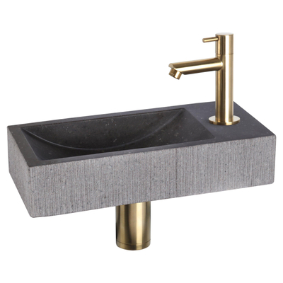 Differnz Ribble kit lave-mains - 38x18x8cm - Rectangulaire - 1 trou de robinet - robinet droit doré mat - pierre naturelle noire
