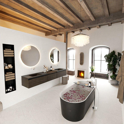MONDIAZ BUKLA 220cm badmeubel met module 60 kleur Dark Brown met 3 lades. Wastafel CLOUD dubbel 0 kraangaten kleur Urban.