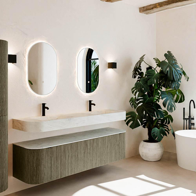 MONDIAZ THOR-DLUX Meuble de salle de bains 170cm arrondi gauche + droite couleur Shadow avec 1 tiroir et 2 portes. Vasque suspendue CLOUD Double 2 trous de robinet couleur Opalo.