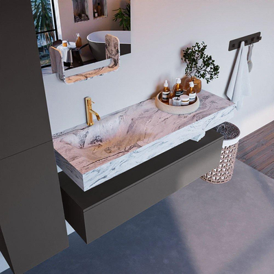 Mondiaz ALAN-DLUX Ensemble de meuble - 130cm - meuble Dark grey mat - 1 tiroir - Lavabo Cloud Glace suspendu - vasque Gauche - 1 trou de robinet