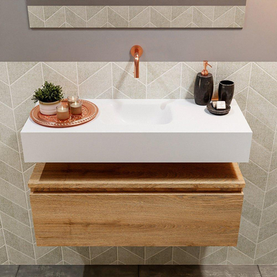 MONDIAZ ANDOR Meuble de toilettes - 80x30x30cm - 0 trous de robinet - 1 tiroir - chêne blanchi mat - lavabo au centre - Solid surface - Blanc