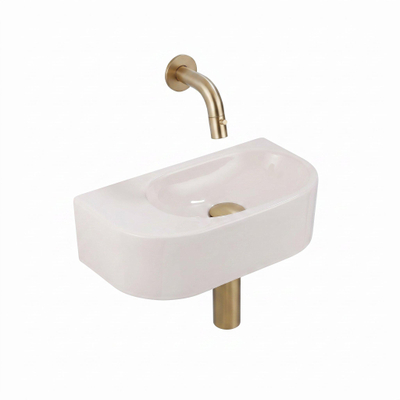 QeramiQ Fuente Fontein - 40x22x12cm - glad - halfrond - zonder fonteinkraangat - keramiek - fonteinkraan geborsteld messing - verlaagd sifon - afvoerplug - linnen