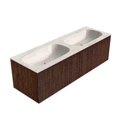MONDIAZ KURVE-DLUX 140cm badmeubel kleur Walnut met 2 lades en 0 deuren. Wastafel STOR SMALL Dubbel 2 kraangaten Meli.