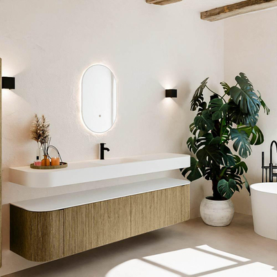 MONDIAZ THOR 200cm meuble de salle de bains arrondi gauche + droite couleur Dusk avec 2 tiroirs et 2 portes. Vasque suspendue CLOUD Milieu 1 trou de robinet couleur Talc.