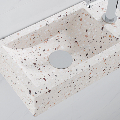 FugaFlow Eccelente Pietra Ensemble fontaine - 40x22x10cm - trou de robinet à droite - robinet de fontaine chrome - bouchon de vidange - siphon abaissé - beige mat