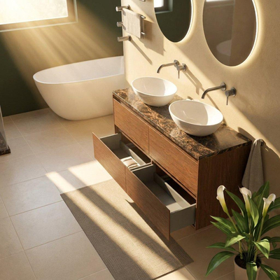Saniclass Holz Pure Ensemble meuble de salle de bains - 140x45x63cm - Plan de travail en pierre naturelle Noche dark emperador - sans trou de robinet - 4 tiroirs - walnut pure mat (bois)