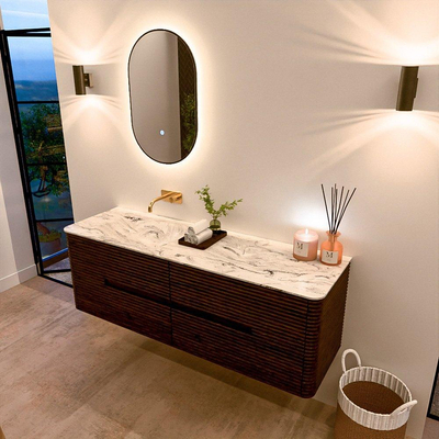 Mondiaz CIRO-DLUX Badkamermeubelset - 150x45x50cm - Solid surface wastafel Glace - 1 wasbak Links - zonder kraangaten - 4 lades - Walnut