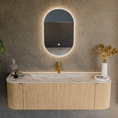 MONDIAZ KURVE-DLUX Meuble de salle de bains 150cm arrondi Gauche + Droite couleur Chêne avec 1 tiroir et 2 portes. Lavabo BIG MEDIUM Central 1 trou de robinet Nata.