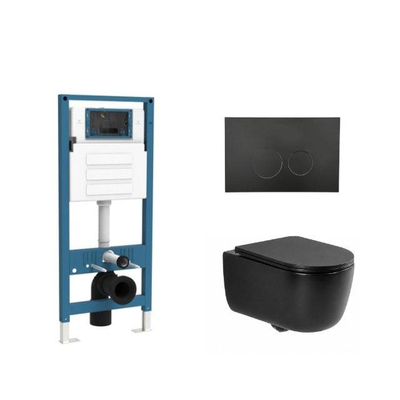 QeramiQ Dely Swirl Ensemble de WC - réservoir encastré Qeramiq Flush - abattant slim - plaque de commande noire mate en métal - boutons ronds - noir mat