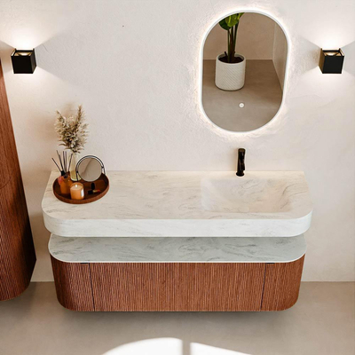 MONDIAZ THOR-DLUX 150cm meuble de salle de bains arrondi gauche + droite couleur Ruby avec 1 tiroir et 2 portes. Vasque suspendue CLOUD Droite 1 trou de robinet couleur Opalo.