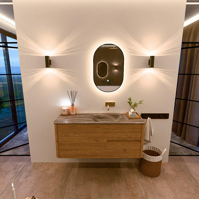 Mondiaz CIRO-DLUX Meuble de salle de bains - 120x45x50cm - Plan vasque solid surface Sombra - 1 bassin à droite - sans trous de robinetterie - 2 tiroirs - Chêne