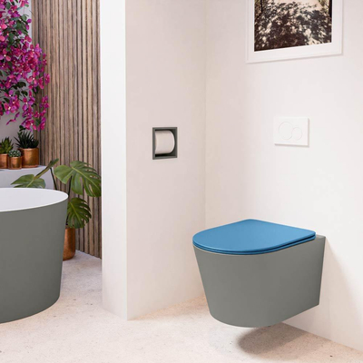 Mondiaz LAVIE hangtoilet – spoelrandloos – 36 x 53 cm – met softclose zitting – Smoke (lichtbruin), zitting Jeans (blauw)