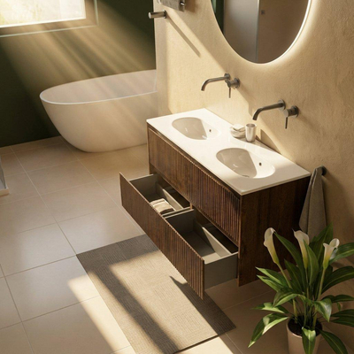 Saniclass Holz Atelier Ensemble de meubles de salle de bains - 120x45x74cm - Chaci lavabo en céramique blanc - 2 vasques - sans trous de robinetterie - 2 tiroirs - chêne charcoal mat (bois)