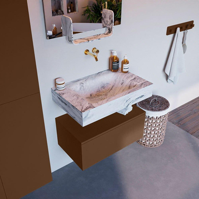 Mondiaz ALAN-DLUX Ensemble de meuble - 70cm - meuble Rust mat - 1 tiroir - Lavabo Cloud Glace suspendu - vasque Centre - 0 trous de robinet