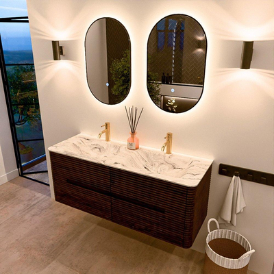 Mondiaz CIRO-DLUX Ensemble de meubles de salle de bains - 130x45x50cm - Plan vasque solid surface Glace - 2 vasques double - 2 trous de robinetterie - 4 tiroirs - Noyer