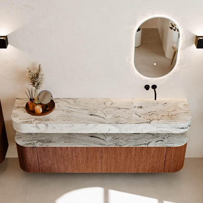 MONDIAZ THOR-DLUX Meuble de salle de bains 190cm arrondi gauche + droite couleur Ruby avec 2 tiroirs et 2 portes. Vasque suspendue CLOUD Droite sans trou de robinet couleur Glace.