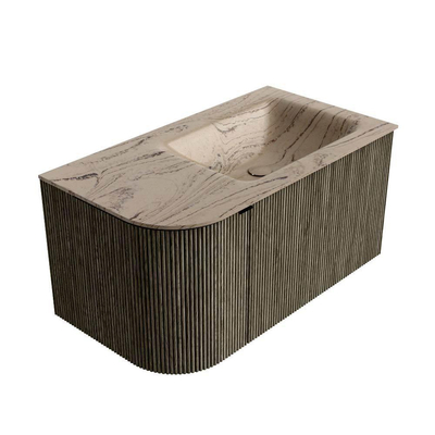 MONDIAZ KURVE-DLUX Meuble de salle de bains 85 cm arrondi à gauche couleur Shadow avec 1 tiroir et 1 porte. Lavabo CLOUD à droite 1 trou de robinet Arena.