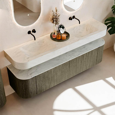 MONDIAZ THOR-DLUX Meuble de salle de bains 180cm arrondi gauche + droite couleur Shadow avec 2 tiroirs et 2 portes. Vasque suspendue CLOUD Double sans trou de robinet couleur Opalo.