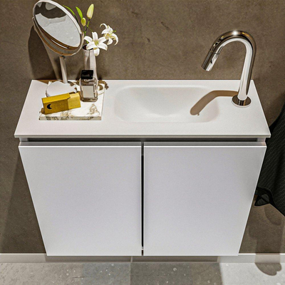 MONDIAZ TURE Kit lave-mains - 60x23x50cm - 1 trou de robinet - 2 portes - talc mat - Lavabo à droite - Solid Surface Blanc
