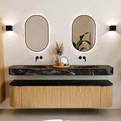 MONDIAZ THOR-DLUX Meuble de salle de bains - 190cm - arrondi gauche + droite - couleur Oak - 2 tiroirs et 2 portes - Vasque suspendue CLOUD Double sans trou de robinet - couleur Lava