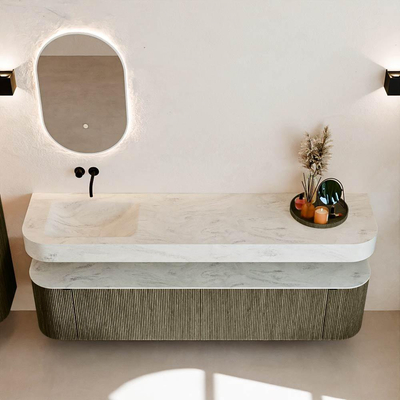 MONDIAZ THOR-DLUX Meuble de salle de bains 190cm arrondi gauche + droite couleur Shadow avec 2 tiroirs et 2 portes. Vasque suspendue CLOUD Gauche sans trou de robinet couleur Opalo.