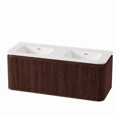 Royal Plaza Terra Edge Ensemble meuble de salle de bains - 120x45.5x46cm - vasque en céramique blanc brillant - 2 vasques - sans trous de robinet - 2 tiroirs - châtaignier (noyer)