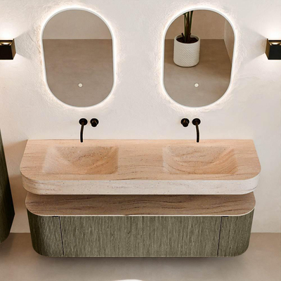 MONDIAZ THOR-DLUX 160cm meuble de salle de bains arrondi gauche + droite couleur Shadow avec 1 tiroir et 2 portes. Vasque suspendue CLOUD Double sans trou de robinet couleur Saba.