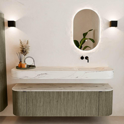 MONDIAZ THOR-DLUX 160cm meuble de salle de bains arrondi gauche + droite couleur Shadow avec 1 tiroir et 2 portes. Vasque suspendue CLOUD Droite sans trou de robinet couleur Nata.