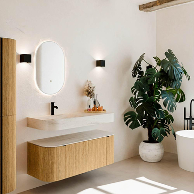 MONDIAZ THOR-DLUX Meuble de salle de bains 120cm arrondi gauche + droite couleur Oak avec 1 tiroir et 2 portes. Vasque suspendue CLOUD Gauche 1 trou de robinet couleur Meli.