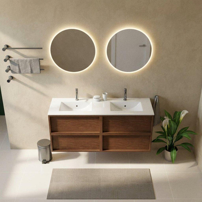 Saniclass Holz Frame Ensemble de meubles de salle de bains - 140x45x62cm - Lavabo Vygo en céramique blanc - 2 vasques - 2 trous de robinetterie - 4 tiroirs - brillant walnut pure (bois)