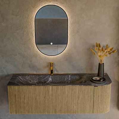 Mondiaz KURVE-DLUX Badkamermeubelset - 135x46x40cm - 1 lade - 1 deur - wastafel solid surface - links - 1 kraangat - Dusk